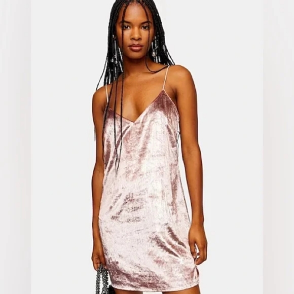 TOPSHOP Pink Spaghetti Straps V-Neck Glitter Velvet Mini Slip Dress | SZ 6 - Picture 1 of 8